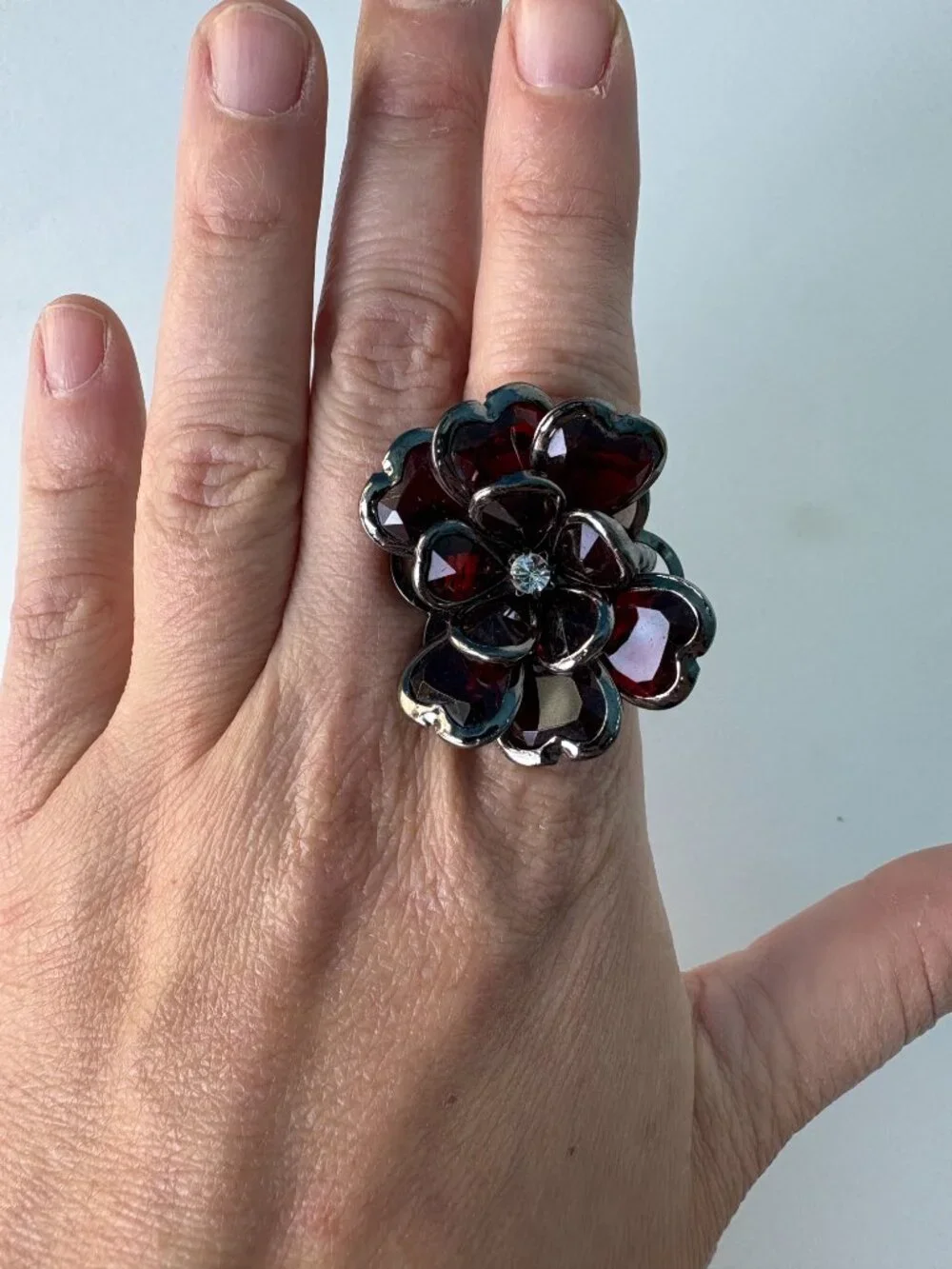 Statement Burgundy Crystal Flower Stretch Ring | Oversized Cocktail Ring